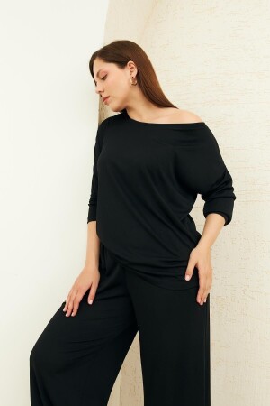 Black Boat Neck Bottom Top Set - Curly