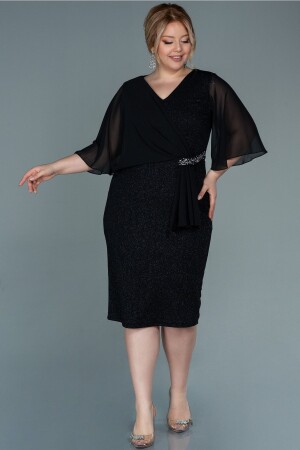 Black Chiffon Short Sleeve Silvery Midi Plus Size Evening Dress Abk1567 - Abiyefon