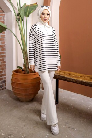 Black Collar Zipper Striped Two Thread Sweatshirt - İmajbutik