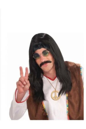 Black Color Long Barış Manço Wig and Mustache - Reilaparty