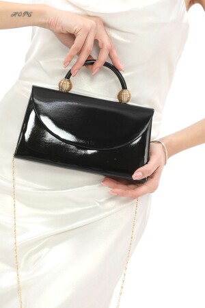 Black Color Shiny Patent Leather Evening Dress Women's Bag Handheld and Long Strap Use (Chain Strap) - Womenacs