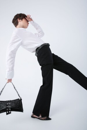 Black Cotton Lycra Wide Leg Trousers with Slits on the Legs - Allday