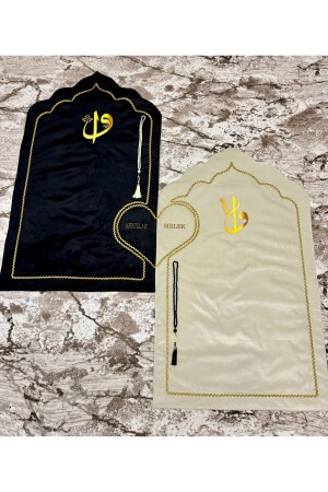 Black-cream Heart Prayer Rug 2 Pieces Fiber And Lined Name Embroidered - rosary - Evince