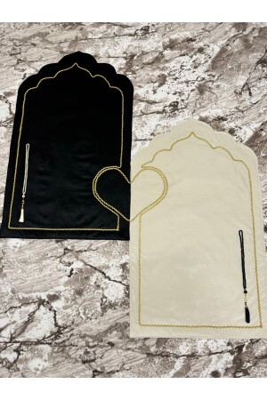 Black-cream Unprinted Simple Heart Double Prayer Rug with 2 Fibers and Lining - 2 Prayer Beads as a Gift - Evince