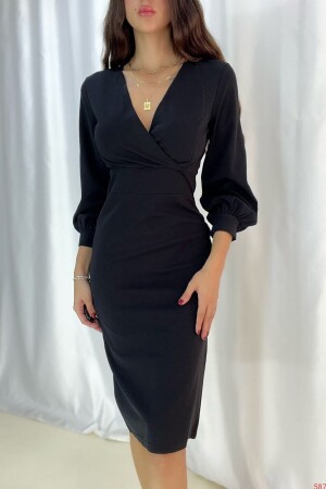 Black Crepe Fabric Long Sleeve Double Breasted Neck Dress - Deafox