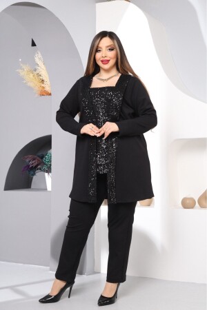 Black Crepe Jacket Trousers Sequined Blouse 3 Piece Set - Fidan Tekstil