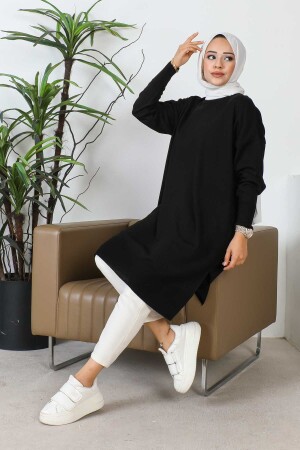 Black Crew Neck Mercerized Loose Knitwear Tunic - İmajbutik