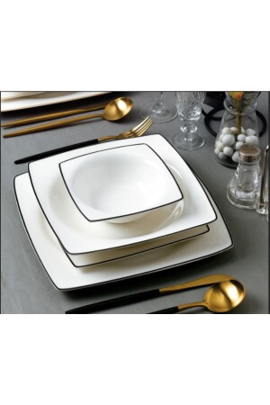 Black Detailed Square Dinner Set for 6 People 24 Pieces BN103 - SILA
