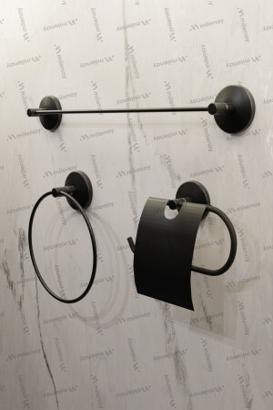 Black Economical 3-Piece Bathroom Set, Assembled Set, Paper Holder with Cover - Long Towel Holder - Round Towel Holder P3174S3457 - Milenay
