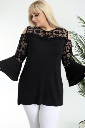 Black Flounce Sleeve Shoulder Low-cut Flock Printed Tulle Detailed Plus Size Design Blouse - Kheos
