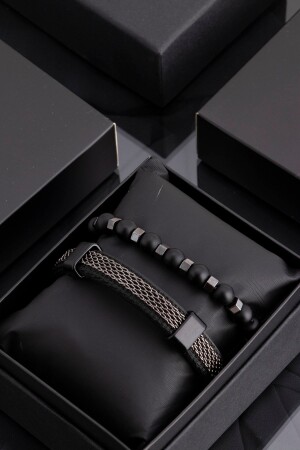 Black Genuine Leather and Hematite Natural Stone Men's Combination Bracelet Set 002 SRT476-002 - Sortie Aksesuar