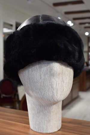 Black Genuine Leather Chechen Börk Hat with Fur Inside GÖKSU-13 - Göksu Şapka