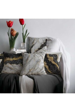 Black Gray Marble Designed Set of 4 Digital Printed Gift Quality Pillows - Throw Pillow Case - Flamenco Tekstil