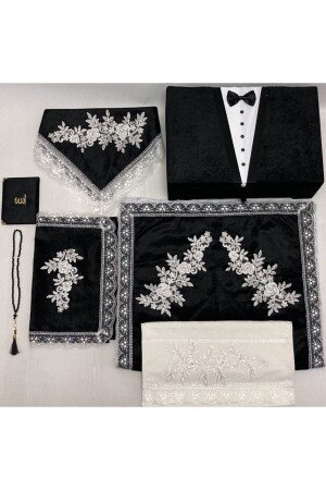 Black Groom Figured Prayer Rug Set with Chest and French Lacing 7 991111 - Dilek