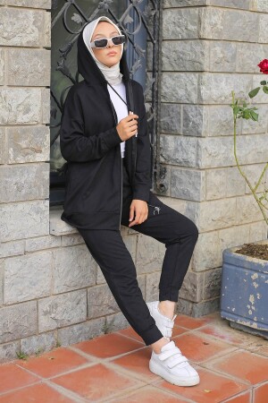 Black Hooded Two Thread Tracksuit Set with Pockets - İmajbutik
