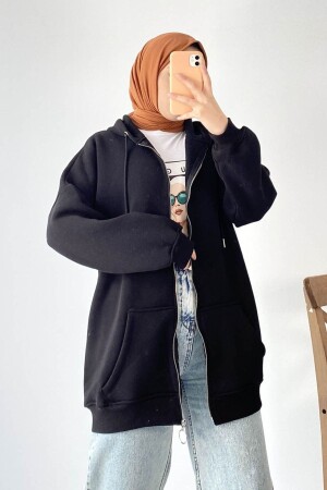 Black Hooded Zippered Thick Fleece Knitted Sweatshirt - Netclass