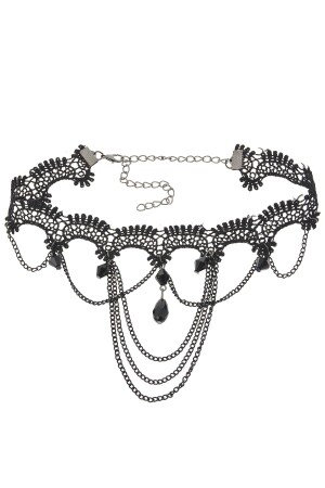 Black Lacy Gothic Necklace with Crystals - Pelin Aksesuar
