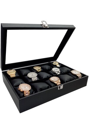 Black Leather 15 Piece Glass Watch Box St15-68 ehy-st15-68 - Chavin