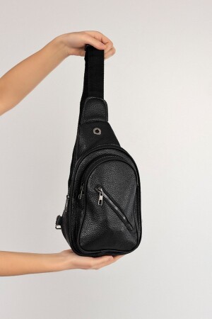 Black Leather Look Unisex Side Cross Back Chest Waist Bag - Headphone USB Mobile Phone Compartment - Çanta