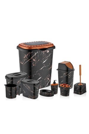 Black Marble Pattern 9 Piece Bathroom Laundry Set Dirty Basket + Detergent Dispenser WC Brush Full with Others abn-2406221003-sy-9 - abnturk