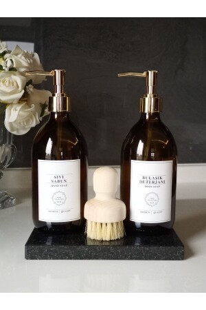 Black Marble Stand and Gold Head Brush Liquid Soap Dish Detergent Set rn-blackmarblegoldbrushed-ss-bd - Reoona