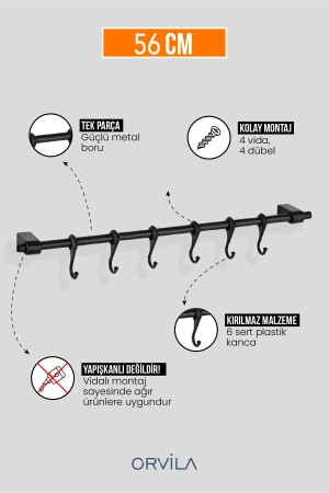 Black Metal Kitchen and Bathroom Hanger 6 Hooks Hanger Iron 56 Cm Rod - Orvila