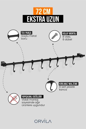 Black Metal Kitchen and Bathroom Hanger Multi-Purpose Hanger Iron with 8 Hooks Maxi 72 Cm dop6937329igo - Orvila