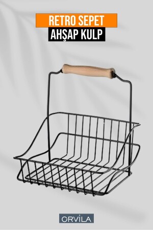 Black Metal Kitchen Basket with Wooden Handle 20x20 Cm - Orvila