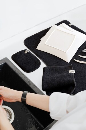 Black Microwell 3 Piece Set Microfiber Dish Drying Mat 3-Piece Kitchen Set Drying Cloth Cover - Hamur