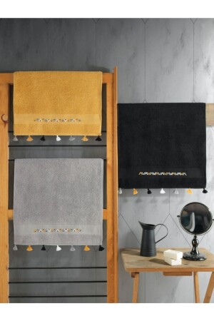 Black Mustard Gray Embroidered Fit Towel Set 3 Pieces 50x90 RECB-4612-4 - Cotton Box