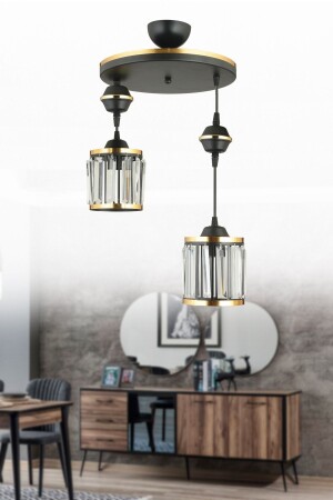 Black Pendant Lamp Tray 2-Piece Crystal Stone Cylinder with Yellow Strip Luxury Chandelier AK00039 - Kraliçe