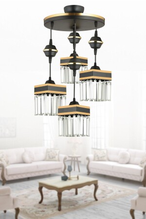 Black Pendant Lamp Tray with 4 Crystal Stones and Yellow Strip Square Luxury Chandelier TYC00750048724 - Genel Markalar
