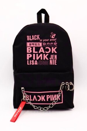 Black Pink Themed Backpack School Bag with Piercing and Chain Detail - Muyoso