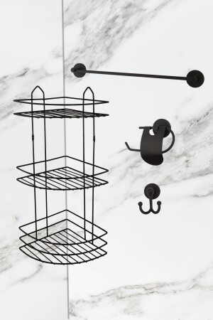 Black Quadruple Bathroom Corner Shower Shelf Long Towel Holder Narrow Covered Napkin Holder Cutlery Robe Hanger Bathroom Set 67348 - UG Home