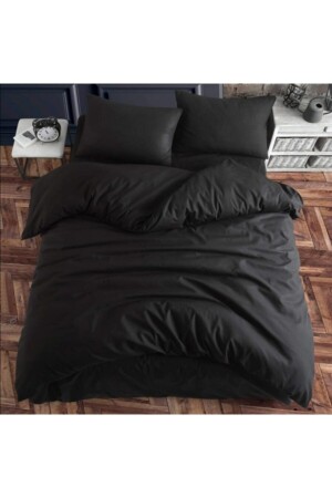Black Ranforce Woven Double Duvet Cover Set (Elastic Sheet) Black-Nev-3310 - Garden Home