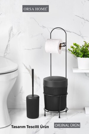 Black Round Bucket Wc Paper Holder and Toilet Brush Set - Orsa Home