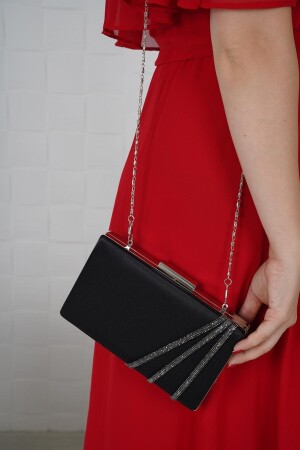 Black Satin Platinum Three Rows Stone Evening Dress Slim Model Women's Bag - Lule Bags