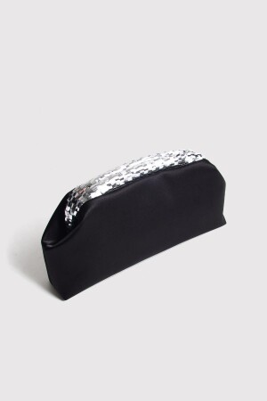 Black Satin Silver Sequin Detailed Clutch Evening Dress Bag - Berlesi