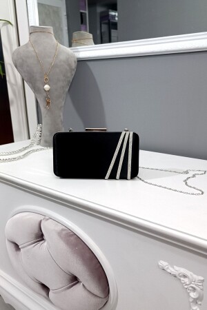 Black Satin Three Rows of Stones Evening Dress Box Model Women's Bag LA-033cnt - Genel Markalar
