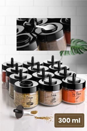 Black Screen Printed Labeled 12 Piece Spice Jar Set with Lid and Spoon Short PDM08377K - Vienev
