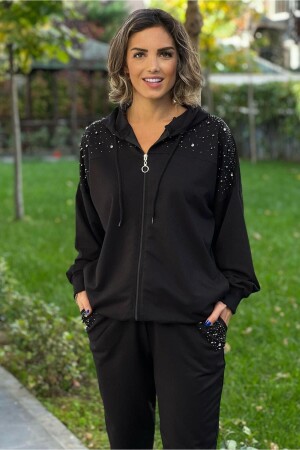 Black Shoulder and Pocket Stone Detailed Tracksuit - Nevin Kaya Moda