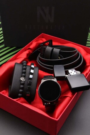 Black Wristwatch, Belt Zippo Lighter and Hematite Stone Bracelet Men's Set 2510trend49 - Northwatch