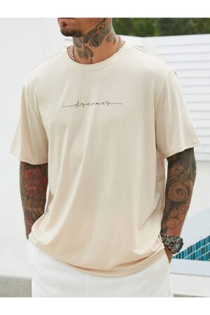 Blacksokak Erkek Bej Dreamer Baskılı Oversize Bisiklet Yaka Tshirt - Black Sokak