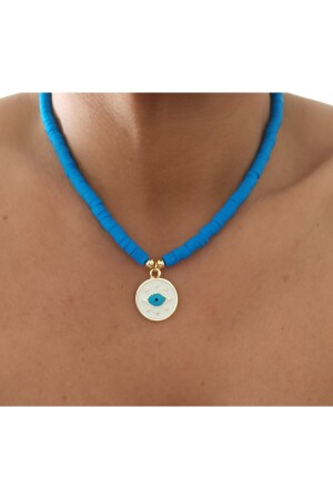 Blaue Fimo-Damenhalskette mit Augendetail - Denizdenal