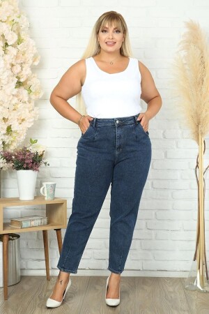 Blaue Lycra-Mom-Jeans mit Falten in Übergröße für Damen C600 - Cedy Denim
