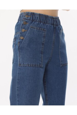 Blaue Mom-Jeans mit elastischem Bund und Knöpfen für Damen - Shevega