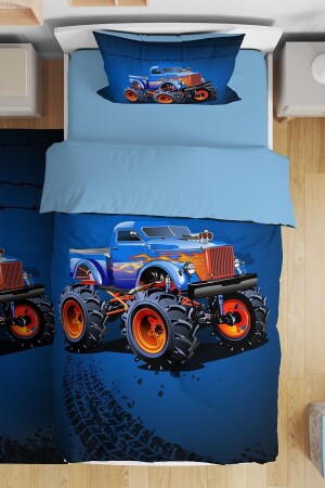Blaues Monster Truck gemustertes Einzelbettbezug-Set für Babys und Kinder - Evpanya