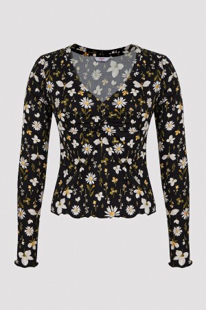 Blossom Printed Siyah Tişört Pijama Üstü - Penti