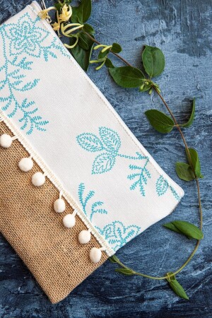 Blue and White Floral Patterned Pompom Jute Clutch Bag - Anı Home