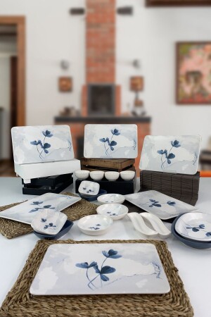 Blue and White Patterned 21 Piece Breakfast Set for 6 Persons 19863 - Keramika